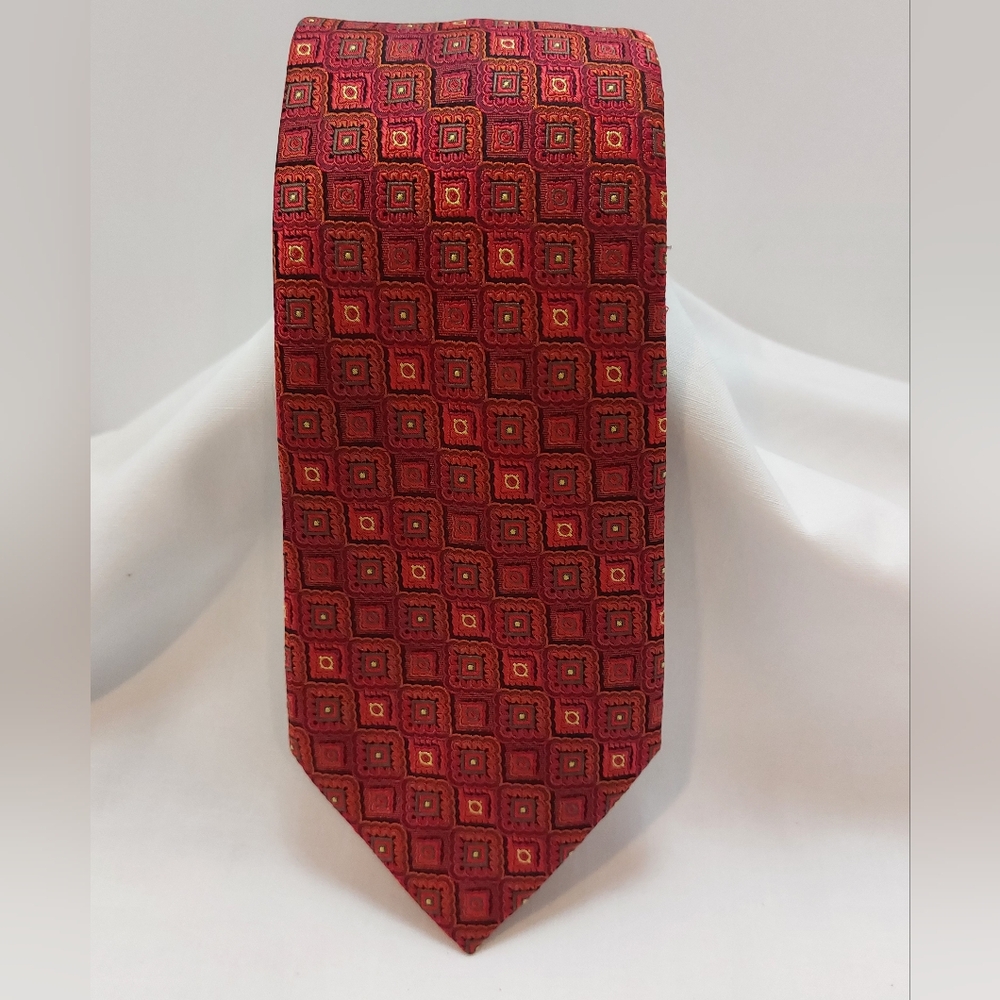 Enro 100% Silk Tie‎ Red Multi Geometric Print Men's Neck Tie 60"x3.75"